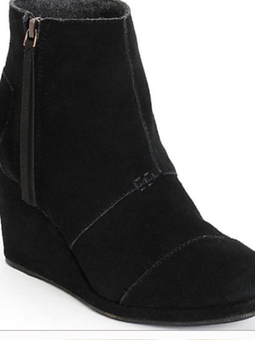 TOMS Desert Black Suede Ankle Zip Wedge Booties – Size 8.5